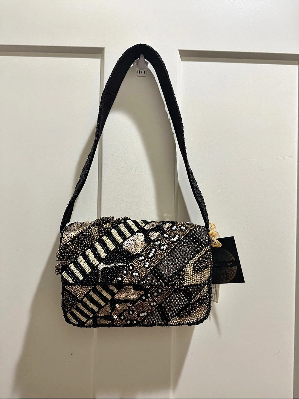 Viral Beaded Shoulder Bag in Black & Gold